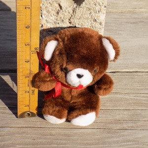 Brown Teddy Bear W Red Ribbon Bow, Small Teddy Bear, Vintage Plush, Vtg ...