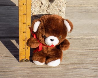 ぬいぐるみ vintage teddy bear with lace ribbon Brown Teddy Bear W Red Ribbon Bow, Small Teddy Bear, Vintage Plush