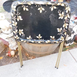 Vtg Black Flowered Tin TV Tray, Metal TV Tray, Folding Tray Table, Tin TV Tray, Farmhouse, Gift, Prop, Memories, Daysgonebytreasures *