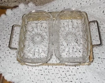 Divided Dish, Glass Serving Dishes in Metal Tray, Hors D'oeuvres Tray, Vintage Dishes, Vintage kitchen, Serving, Siof :)s*