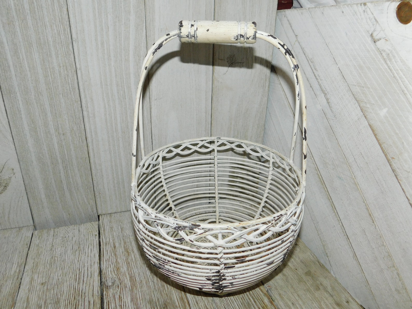 Vintage White Metal Basket w wood handle Flower Basket Etsy