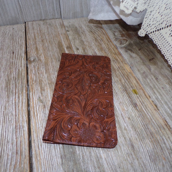 Vtg Embossed Check Book Cover, Vtg Wallet, Ornate , Flowers Brown Plastic, Memories, Gift, Prop, Daysgonebytreasures, *y