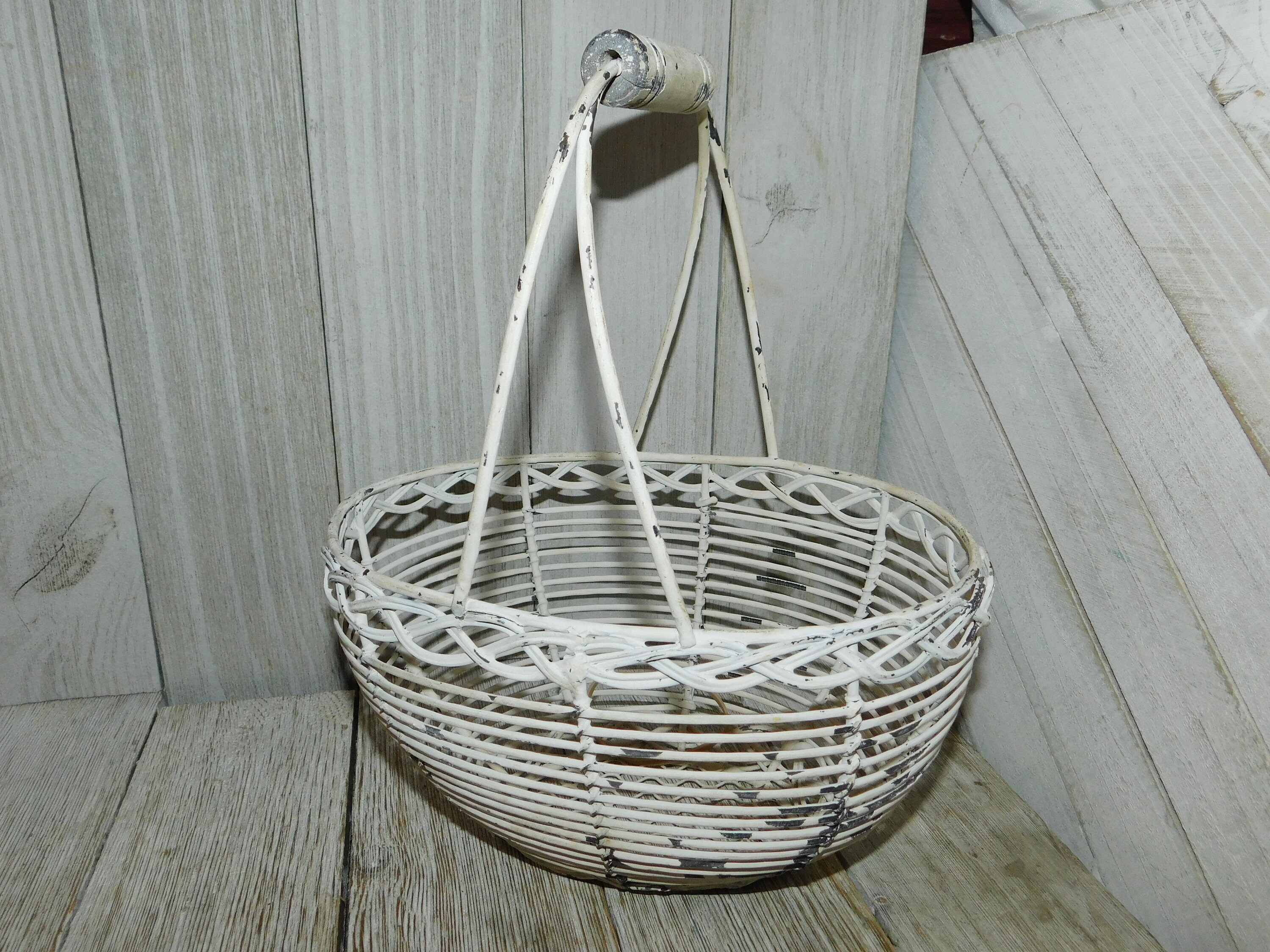 Vintage White Metal Basket w wood handle Flower Basket Etsy