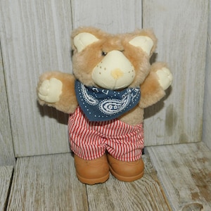 May include: A brown teddy bear wearing red and white striped overalls and a blue bandana with a paisley pattern. The bear is wearing brown boots.