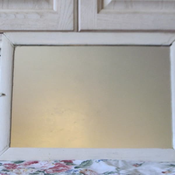 Old White Mirror with Wooden Frame Very Shabby Chic  or Country Cottage, 20 1/2 Inches long and 14 1/2 inches wide