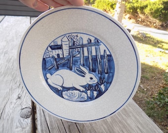 Collectible Plate Bunny in Field Blue and White, Ceramic, Spring, Memories, Gift, Prop, Daysgonebytreasures