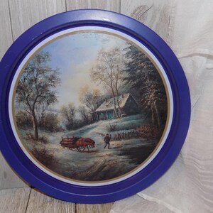 Tin Tray Winter Rustic, Serving Platter, Cabin Tin Tray, Cabin Tin Platter, Round Tin Platter, Four Star International Trading Company *y