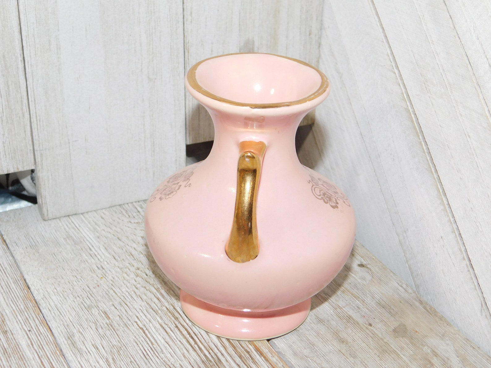 Vintage Small Pink an Gold Vase Vase With Handle Pottery Etsy