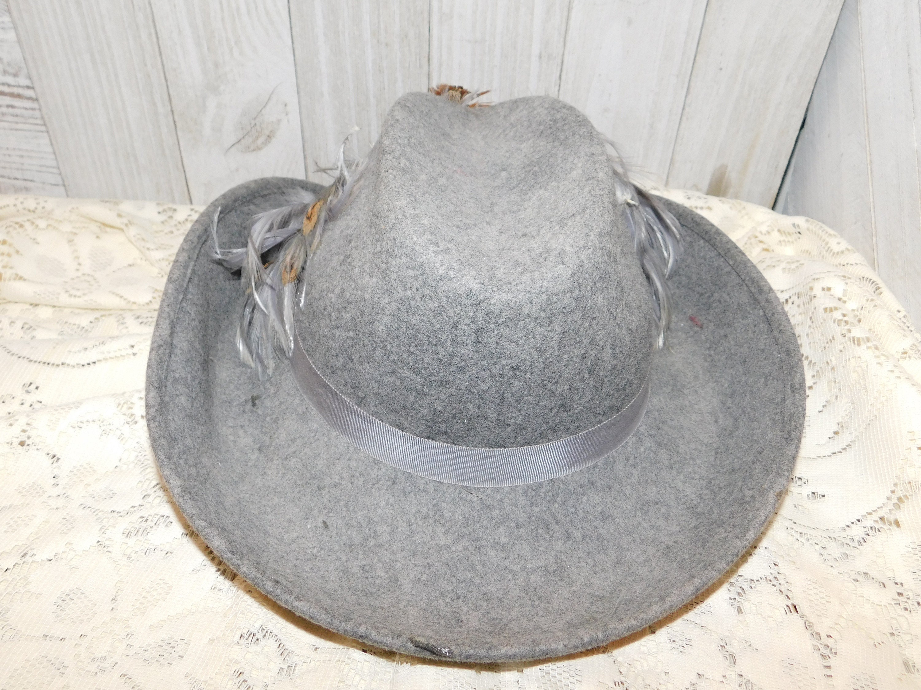 Sonni Vintage Felt Hat, Gray W/feathers, Gray Cowboy Felt  display picture 1