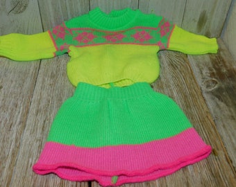 DOLL SWEATER SKIRT Set Vintage Green Pink Yellow Doll  Sweater Doll Skirt Doll Clothing Memories, Gift Prop Daysgonebytreasures