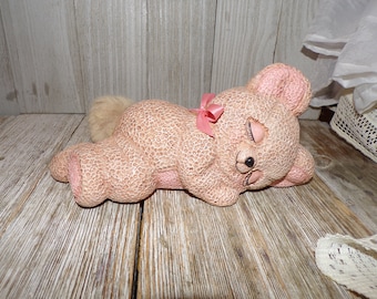 Ceramic sleeping bear with Pink Bow an Fluffy Soft Tail, Baby Nursery Décor, Vintage Home Décor, New Baby Gift, Daysgonebytreasures