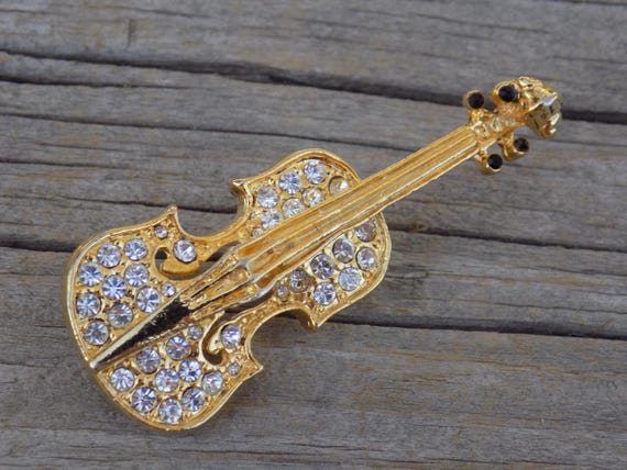 VIOLIN Rhinestone, Small Violin Pin, Vtg Jewelry, Gift for Mom, Gift Idea, Memories, Prop, Daysgonebytreasures *y