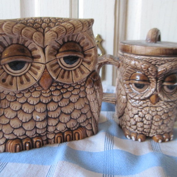 1981 Owl Napkin Holder and Creamer Set Made  from Ceramics