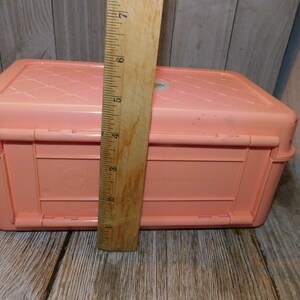 Puede incluir: Una caja de almacenamiento de pl&aacute;stico rosa con una tapa con bisagras y un cierre. La caja tiene una superficie texturizada y una peque&ntilde;a pegatina blanca en la parte superior.