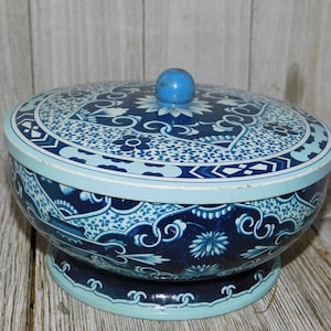 Tin Round Box, Turning Round Tin Box, Blue White Tin Box, Vint Home Decor, Storage Memories, Gift,  Daysgonebytreasures@*