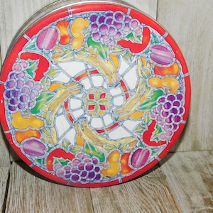 Vtg Stained Glass Looking Tin Can, Tin Can, Vintage home Decor, Round Tin Can, Memories, Country home Decor, Gift, Daysgonebytreasures