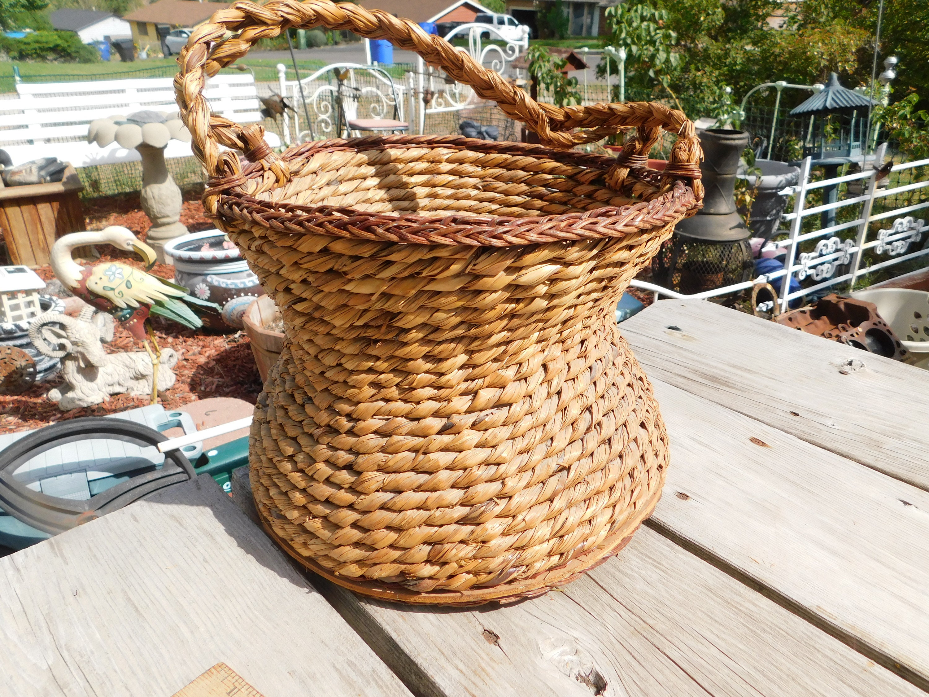 Big Wicker Basket with Wood Bottom and Handle Vintage Wicker Etsy