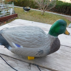 May include: A gray and brown plastic duck decoy with a green head and a yellow beak. The decoy has a black cord attached to it.