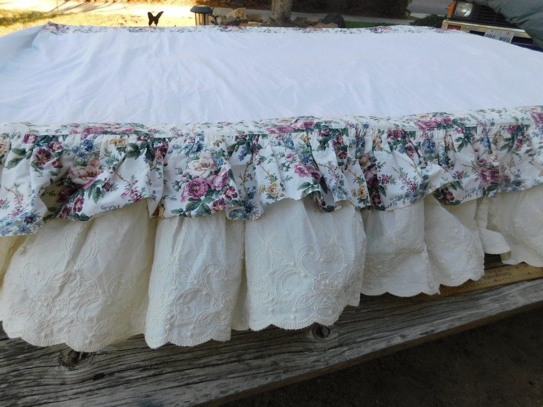 Vintage Bed Skirt or Dust Ruffle for Twin Bed, Embroidery Ruffled Bed