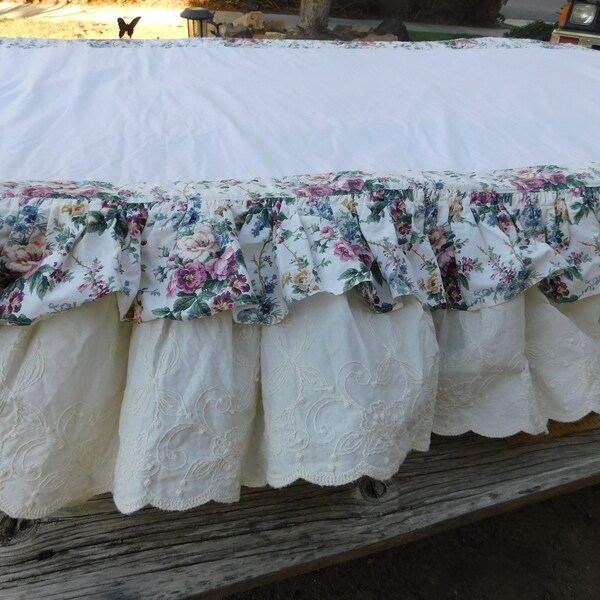 Vintage Bed skirt Or Dust Ruffle for Twin Bed, Embroidery Ruffled Bed skirt, Country Home Decor, Romantic Bedding, Daysgonebytreasures,