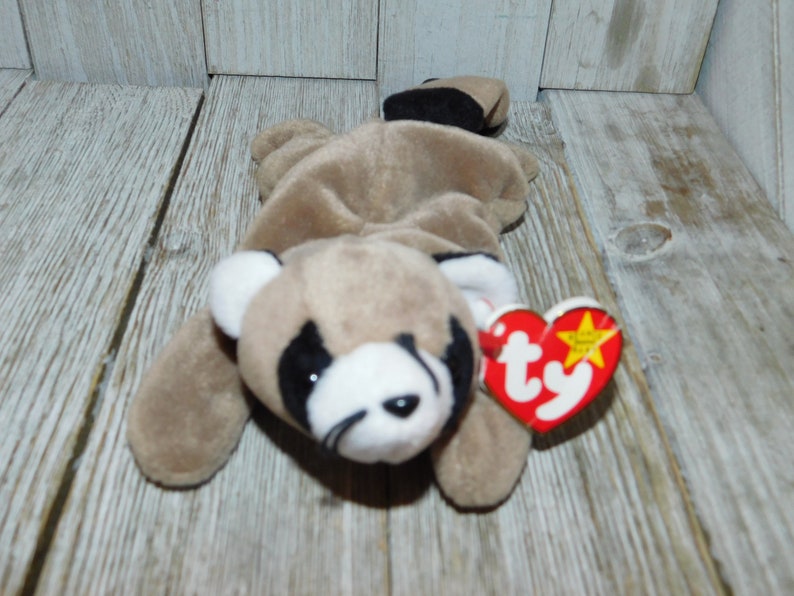 K&ouml;nnte beinhalten: Ein braunes und wei&szlig;es Beanie Baby Waschb&auml;r mit schwarzer Nase und Augen. Das Beanie Baby liegt auf dem Bauch mit eingerolltem Schwanz. Das Beanie Baby hat ein rotes Ty-Etikett mit einem wei&szlig;en Stern und dem Wort "Ty" in wei&szlig;.