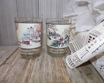 Currier and Ives American Homestead Tumbler Glass WINTER Set 2  Arbys Vtg Glasses, Memories, Gift, Prop, Daysgonebytreasures *