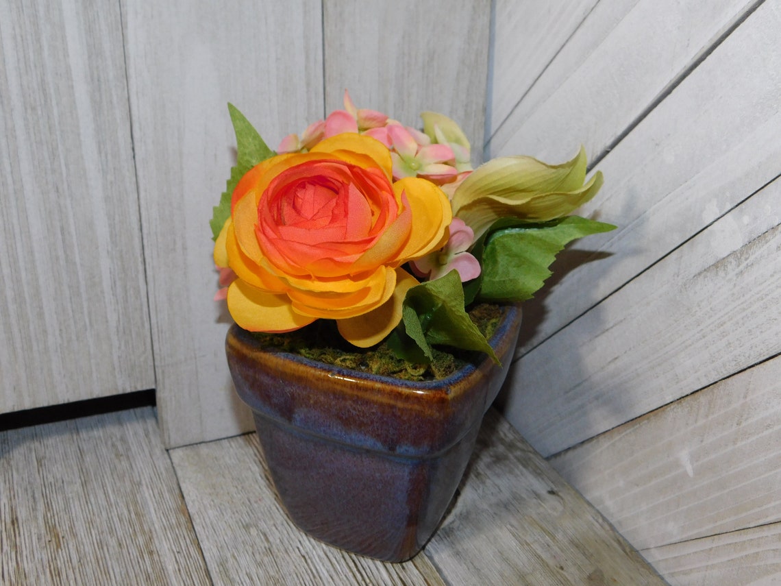 Small Silk Flower planter Orange Yellow and Pink Flower Pot Etsy