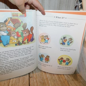 May include: A children's book page with illustrations of animals playing with toys. The text asks "What if?" and presents a scenario where a friend doesn't want to share their toys. The reader is asked to choose which picture shows the best way to handle the situation.