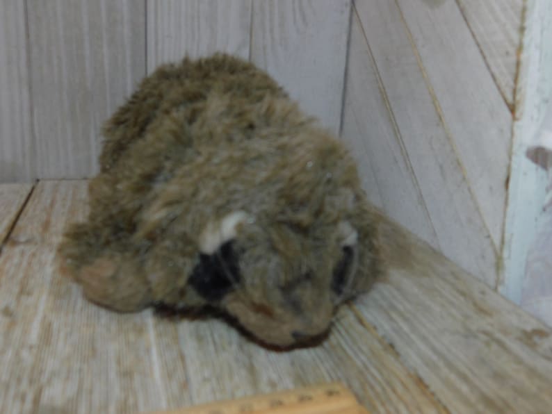 Puede incluir: Un juguete de peluche marr&oacute;n y blanco con forma de conejo con la cabeza apoyada en el suelo. El juguete tiene una textura suave y ojos negros.