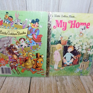 May include: A vintage Little Golden Book titled "My Home" with a colorful illustration of a girl and boy playing in a treehouse. The cover features a green background with a pink title and a gold spine.
