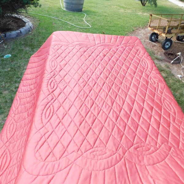 RESERVED Vintage Satin Dusty Rose Quilted Scalloped Bedspread 102x88  inches, Twin or Full Size Bedspread, Vintage Bedspread, shc