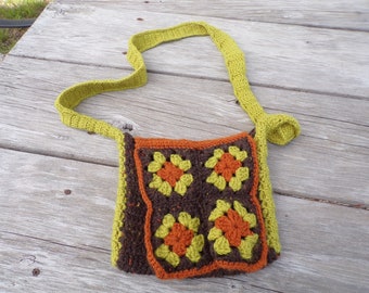 Crocheted Purse Cute Crocheted Bag Green Brown Purse Granny Square Farmhouse , Grannychic, Grannychore Memories Daysgonebytreasures