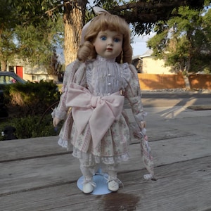DOLL Porcelain  Blue Eyes Ringlet Blonde Hair, Vintage Doll, Memories, Gift, Prop, Daysgonebytreasures *y