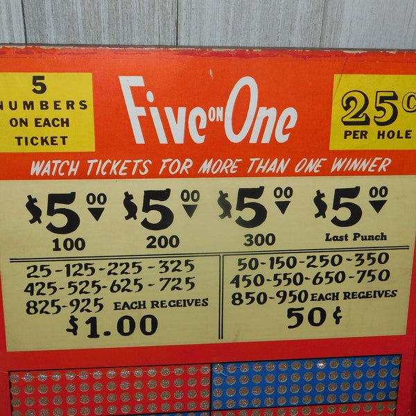 Vtg Punch Board Five One, 25 cents, Made in the USA, Un Punched Board, Gambling Lotto, Vintage Home Décor, Prop, Daysgonebytreasures *