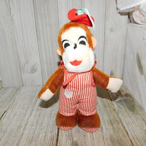 Monkey Stuffed Monkey w Cap Red White Stripped Coveralls Vtg  Stuffed Monkey Carnival Toy Vtg Stuffed Toys Memories Daysgonebytreasures *