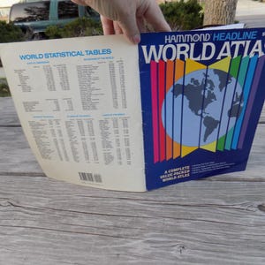 May include: A vintage "Hammond Headline World Atlas" with a blue cover featuring a world map and colorful stripes. The atlas is open, revealing statistical tables. The cover also includes the price.