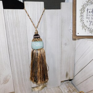 Vintage Tassel Brown and Gray  Tassel with Bluish Green Beads, Vintage Tassel, Vintage home Decor, Prop, Gift,