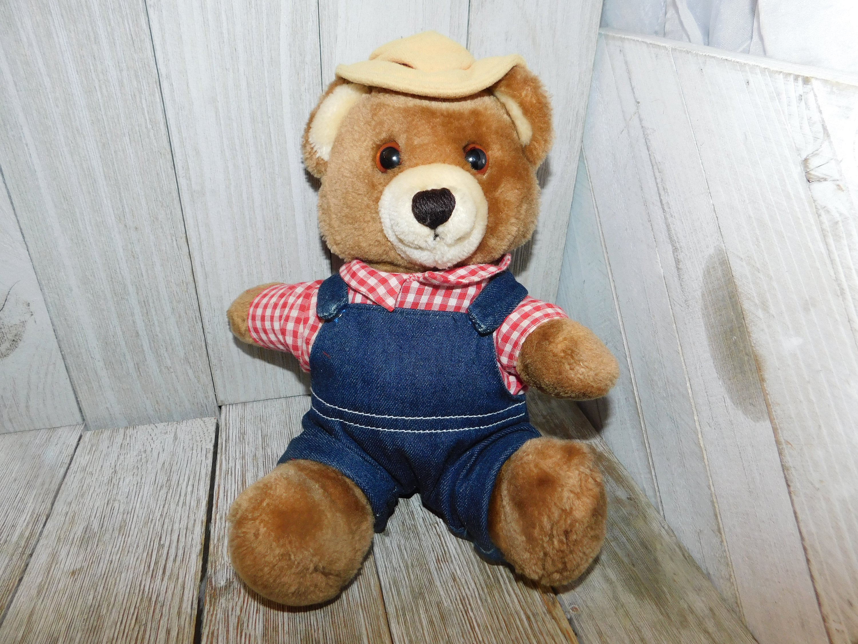 Del Monte Farmer Stuffed Bear in Denim Overalls 10 in Tall 1985