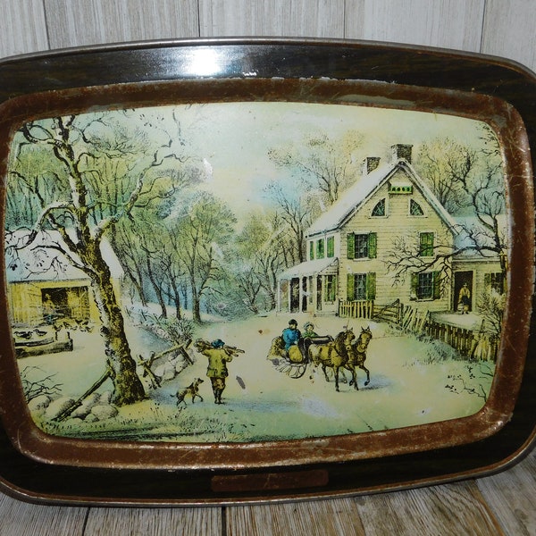 Amerian Homestead Winter Currier and Ives 1868 on tray Tin Tray, Vintage Tray Winter Scene Tray Home Decor Memories  Daysgonebytreasures *