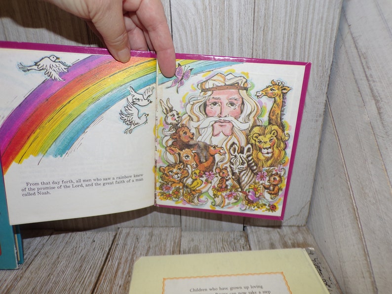 May include: An open children's book with a colorful illustration of a rainbow, a dove, and a man with a long beard surrounded by animals. The text on the page reads "From that day forth, all men who saw a rainbow knew of the promise of the Lord, and the great faith of a man called Noah."