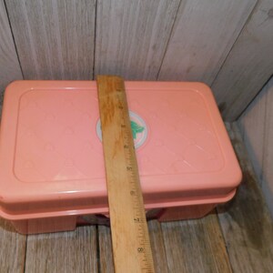 Puede incluir: Una caja de almacenamiento de pl&aacute;stico rosa con un dise&ntilde;o floral blanco y verde en la tapa. La caja mide aproximadamente 20 cm de largo.