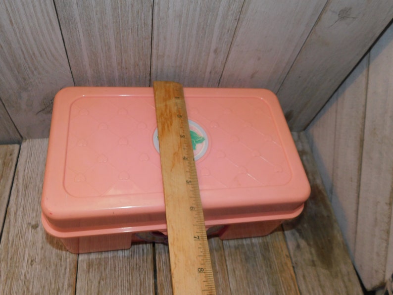 Puede incluir: Una caja de almacenamiento de pl&aacute;stico rosa con un dise&ntilde;o floral blanco y verde en la tapa. La caja mide aproximadamente 20 cm de largo.