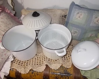 enamel 4 Pieces Set Steamer and Pots, White Enamel Steamer Set, Vintage Kitchen Pots, Vintage Kitchen, Vintage Dishes ,Vintage Kitchen,