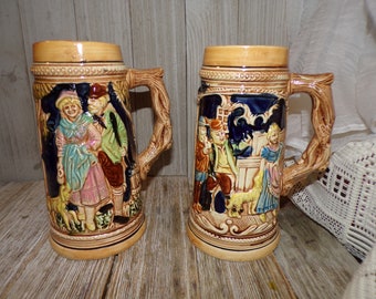 Stein Pair, Castles Steins, Tree Branches, Couple, Vtg Barware, Pottery Steins, Memories, gift, Prop, Daysgonebytreasures *y