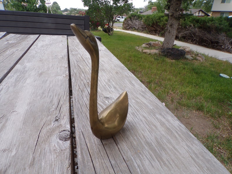 Pu&ograve; includere: Una statuetta di cigno in ottone dorato con un collo lungo e un corpo curvo. Il cigno &egrave; seduto su una superficie di legno.