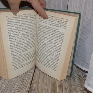 May include: Open book with green cover and cream colored pages. The book is titled "The Enormous Room" and "Selectable Mountains". The text on the pages is about a man's experiences in a prison.