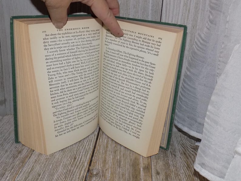 May include: Open book with green cover and cream colored pages. The book is titled "The Enormous Room" and "Selectable Mountains". The text on the pages is about a man's experiences in a prison.