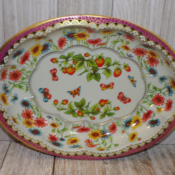 Daher Decorated Ware Long Island New York Made in England Tin Bowl Strawberrys Floral Flower Butterflies Memories Gift Daysgonebytreasures