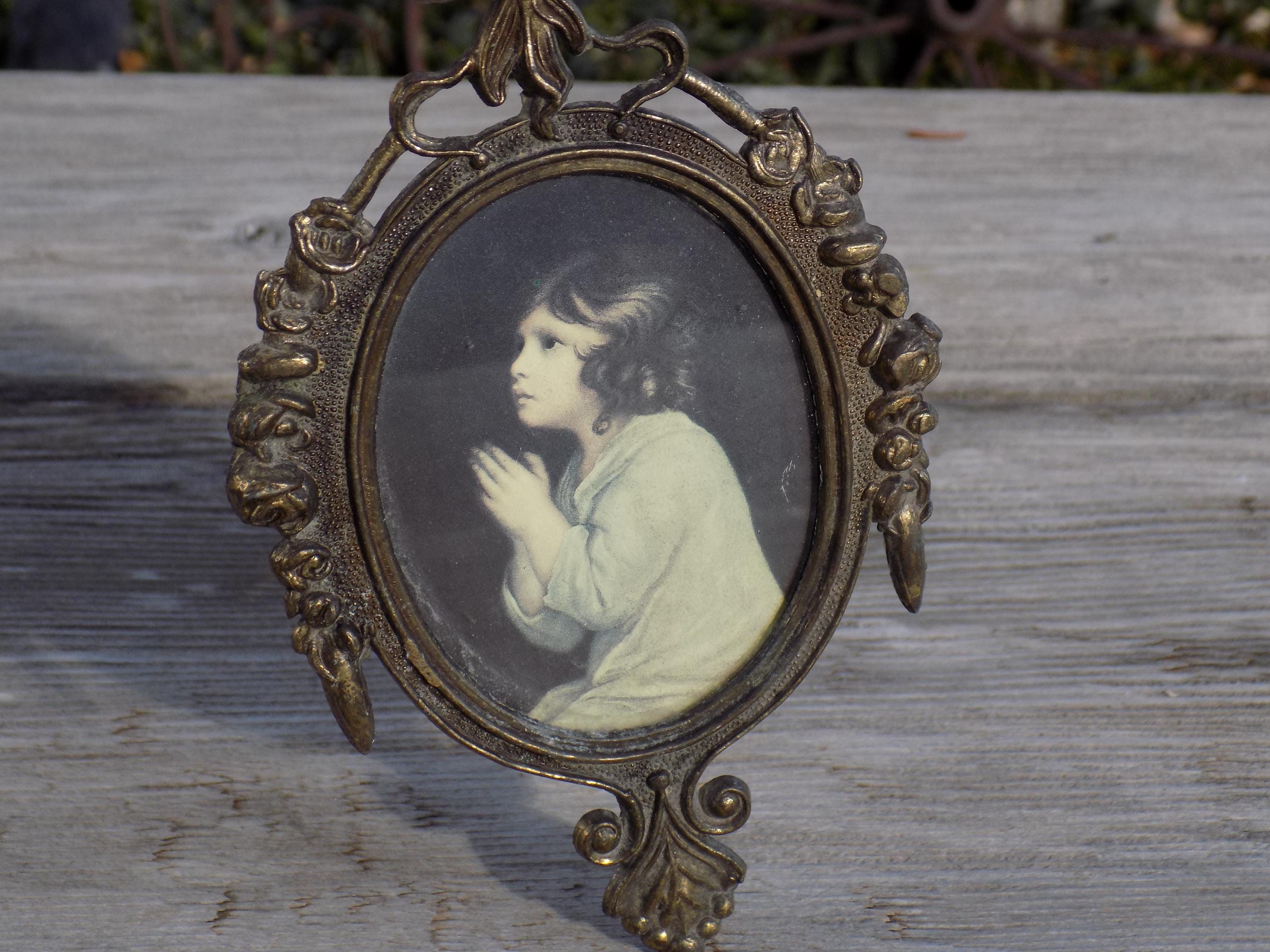 Girl Praying Metal Frame Italy, Small Italy Framed Picture, Ornate, Religious, Memories, Gift, Prop, Child Print, Daysgonebytreasures *y