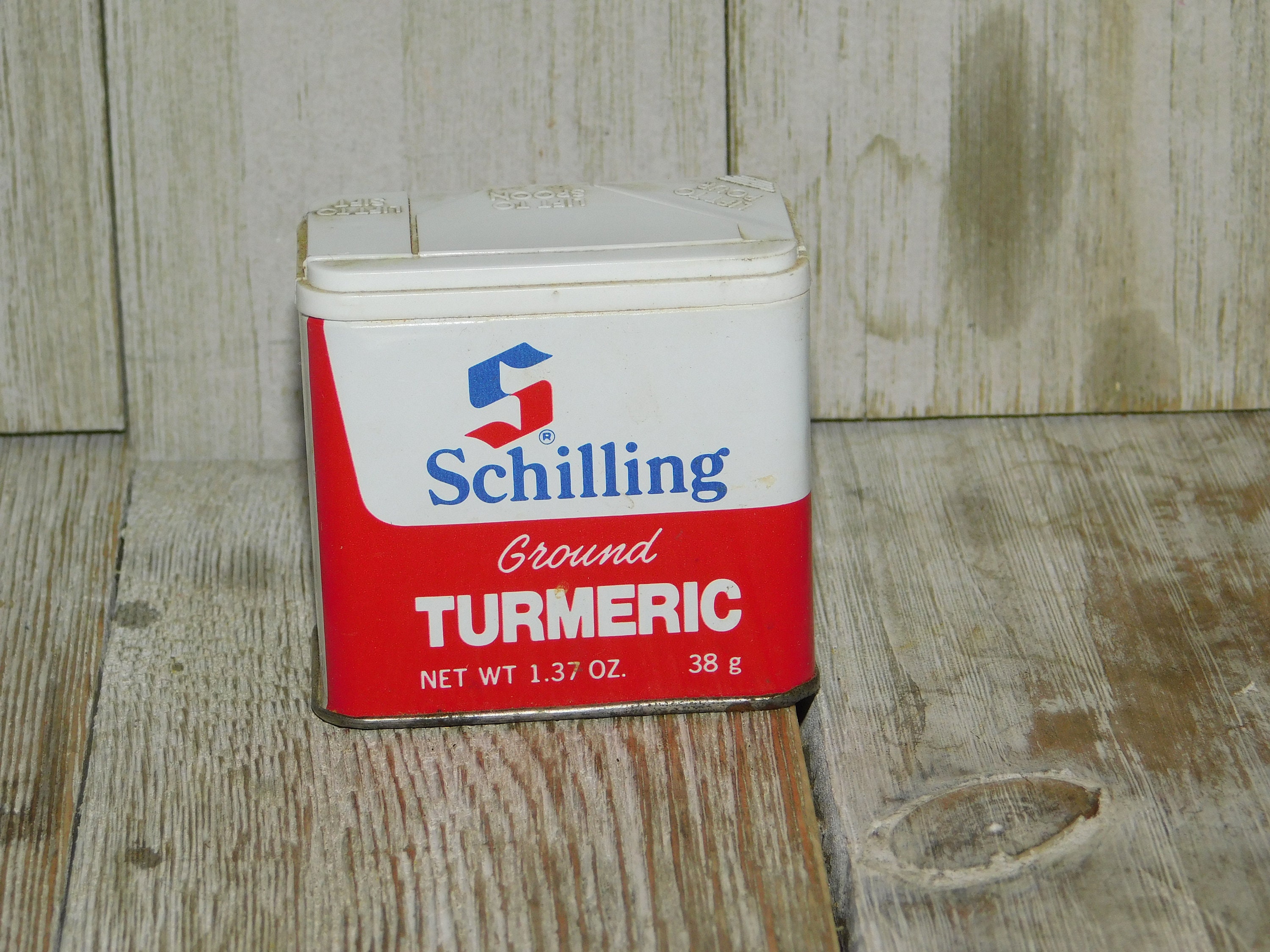 Vintage Schillings Ground Turmeric Tin Can Seasoning, For Display Only, Vtg Spice Can, Kitchen, Daysgonebytreasures D